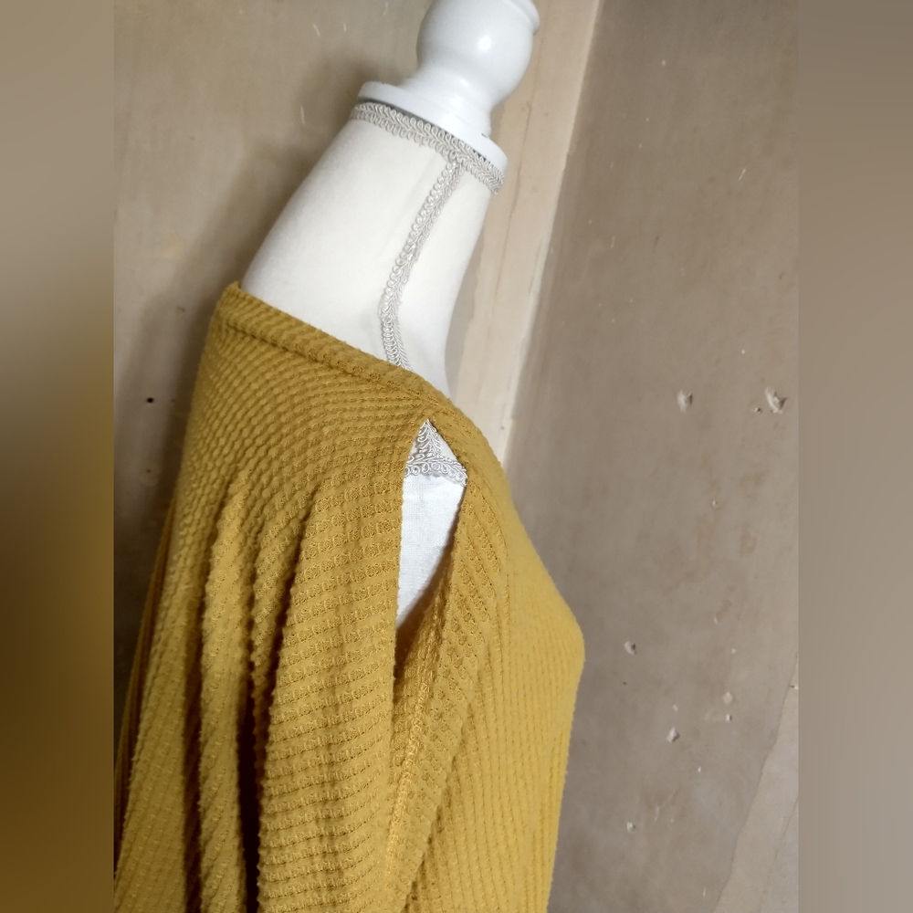 Mustard Yellow Waffle Knit Cold Shoulder Top - Picture 3 of 12